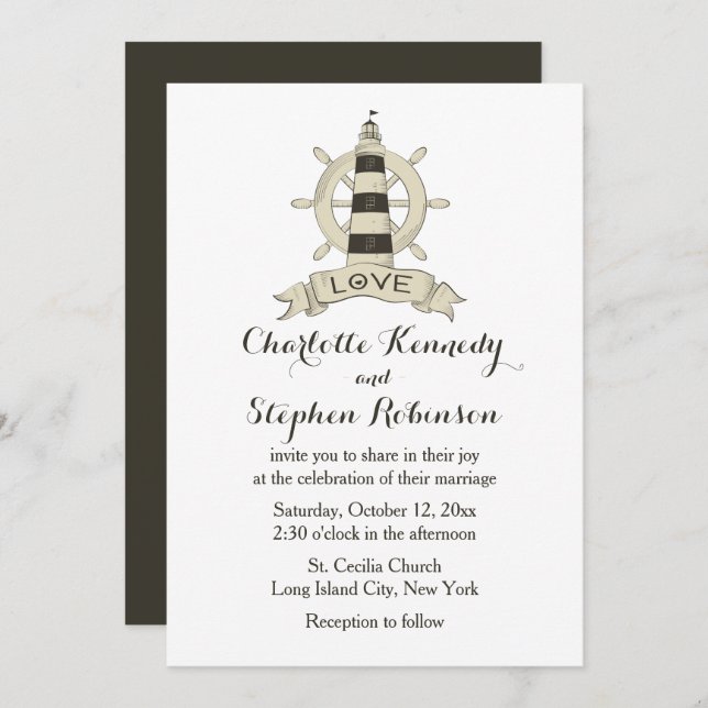 Brown Nautical Lighthouse Ship Wheel Wedding Beach Invitation (Front/Back)