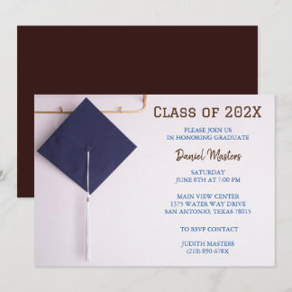Brown /Navy Blue Graduation Cap  Invitation