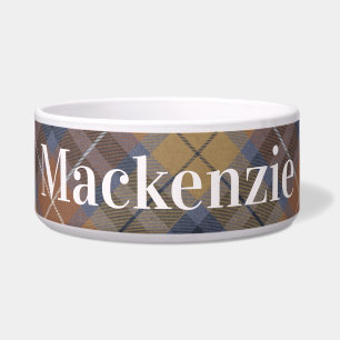 Brown Navy Gold Plaid Personalized Dog Bowl