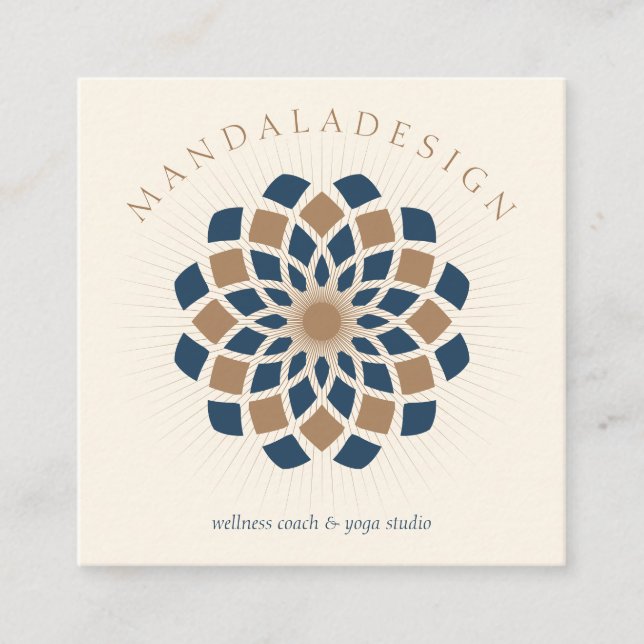 Brown Navy Mandala Square Business Card (Front)