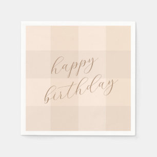 Brown Neutral Gingham Script Happy Birthday Paper Napkins