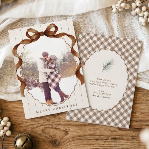 Brown Neutral Plaid Bow Photo Christmas Holiday Card