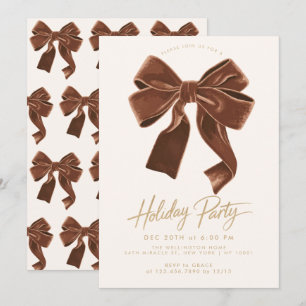Brown Neutral Velvet Bow Holiday Christmas Party Invitation