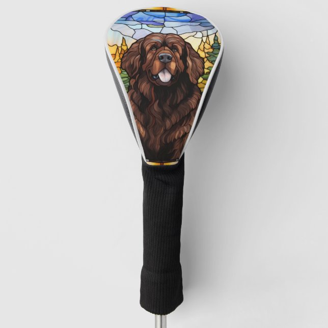 Brown Newfoundland Dog Glass Ornament Golf Head Cover (Front)