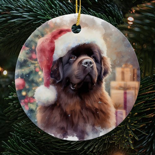 Brown Newfoundland Dog Santa Hat Christmas Ceramic Ornament