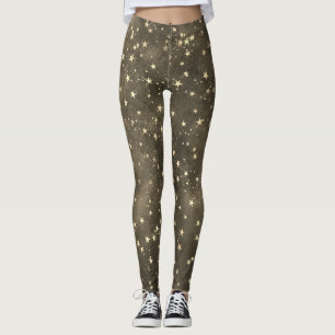 Brown night sky celestial gold star pattern  leggings