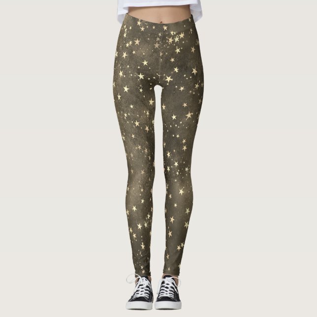 Brown night sky celestial gold star pattern  leggings (Front)