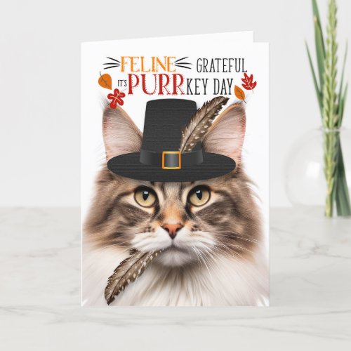 Brown Norwegian Forest Cat Grateful PURRkey Day Holiday Card