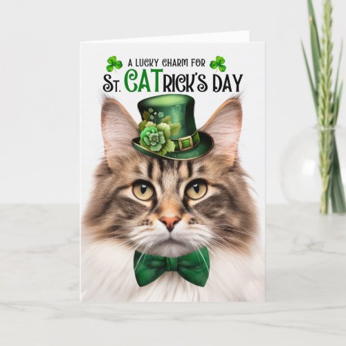 Brown Norwegian Forest Cat St CATricks Day Holiday Card