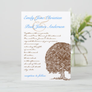 Brown Oak Tree Aqua Blue Font Wedding Invitation