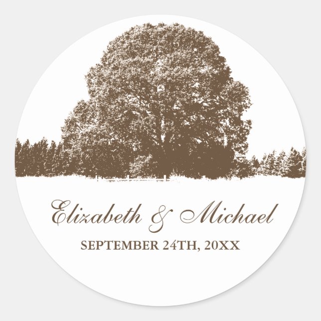 Brown Oak Tree Fall Wedding Favor Label (Front)