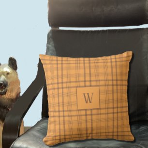 Brown Ochre Tartan Pattern Monogram Throw Pillow
