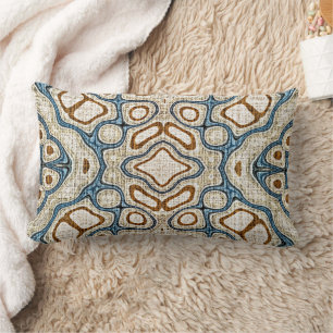 Brown Ochre Teal Blue Hip Bohemian Bali Art Lumbar Pillow