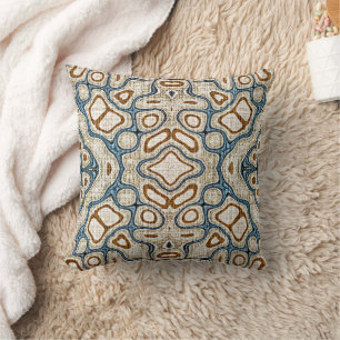 Brown Ochre Teal Blue Hip Bohemian Bali Art Throw Pillow
