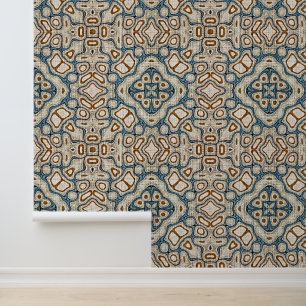 Brown Ochre Teal Blue Hip Bohemian Bali Art Wallpaper