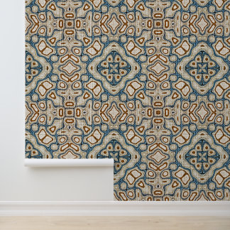 Brown Ochre Teal Blue Hip Bohemian Bali Art Wallpaper