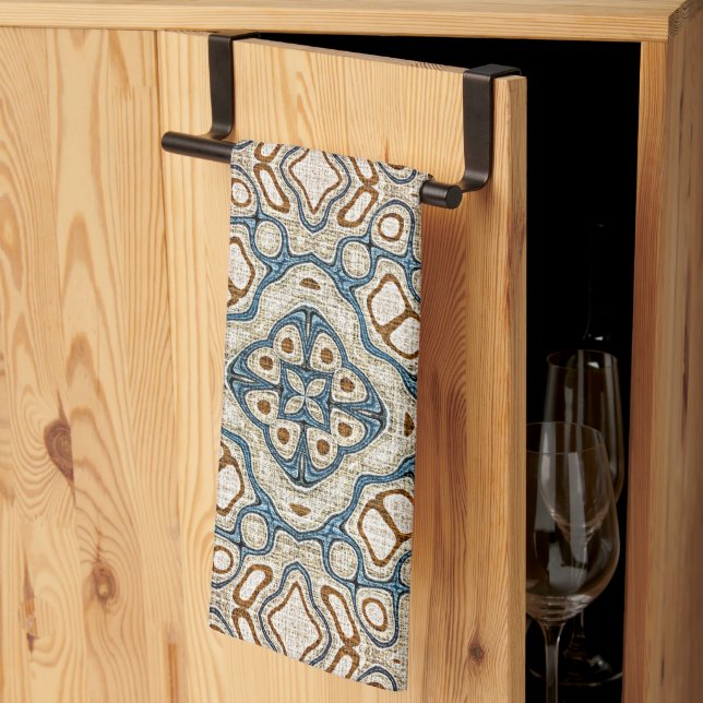 Brown Ochre Teal Blue Hip Tribe Art Kitchen Towel (Thirds Fold)