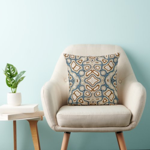 Brown Ochre Teal Blue Hip Tribe Art Throw Pillow