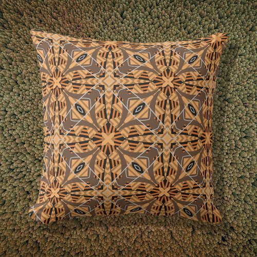 Brown Ochre Tribal Ethnic Boho Mosaic Pattern Throw Pillow
