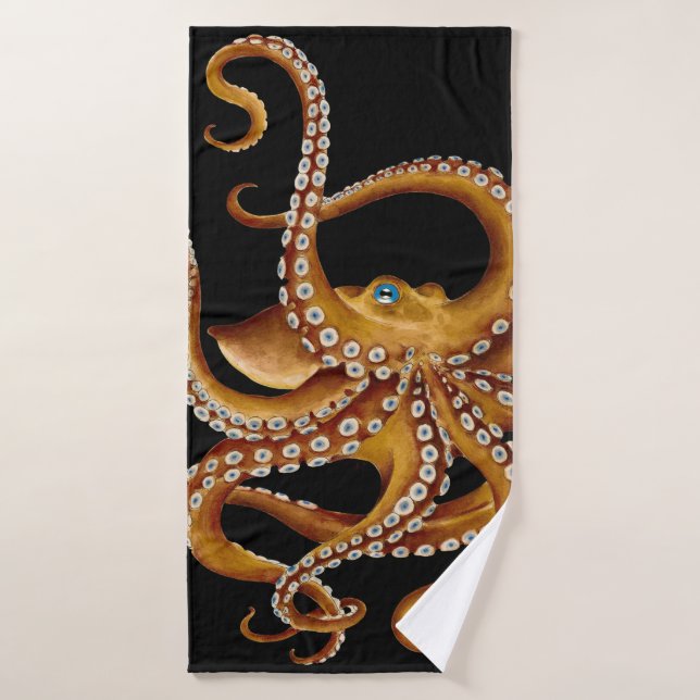 Brown Octopus Blue Eye Black Art Bath Towel Set (Bath Towel)