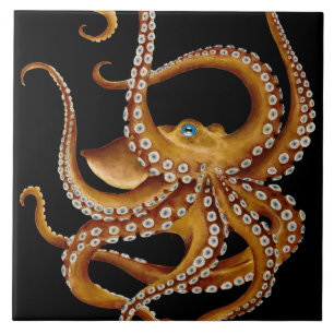 Brown Octopus Blue Eye Black Art Ceramic Tile