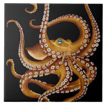 Brown Octopus Blue Eye Black Art Ceramic Tile by EveyArtStore at Zazzle