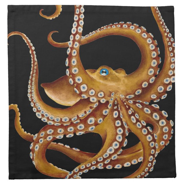 Brown Octopus Blue Eye Black Art Cloth Napkin (Front)