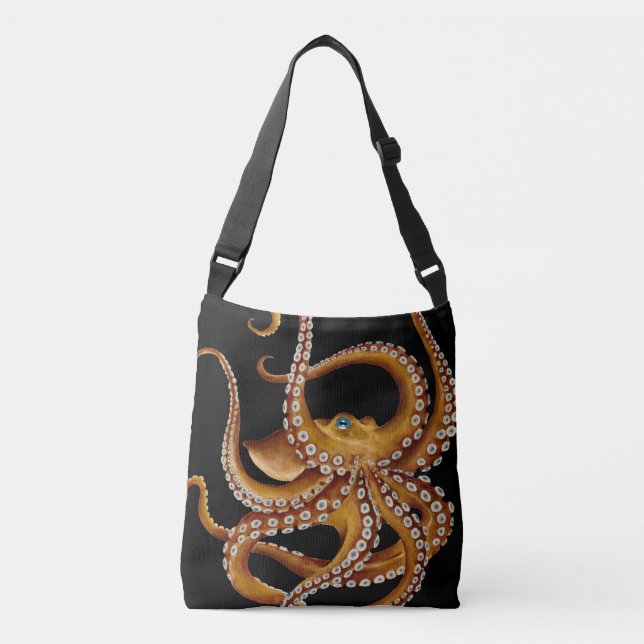 Brown Octopus Blue Eye Black Art Crossbody Bag (Front)