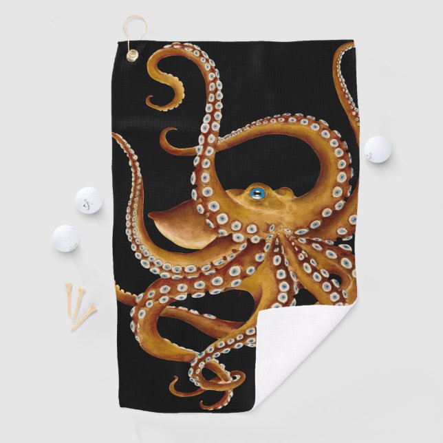 Brown Octopus Blue Eye Black Art Golf Towel (InSitu)