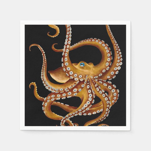 Brown Octopus Blue Eye Black Art Napkins (Front)