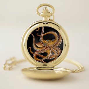 Brown Octopus Blue Eye Black Art Pocket Watch