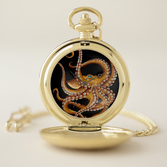 Brown Octopus Blue Eye Black Art Pocket Watch (Inside)