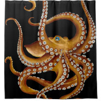 Brown Octopus Blue Eye Black Art Shower Curtain
