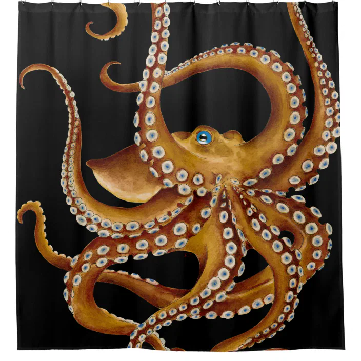 Brown Octopus Blue Eye Black Art Shower, Black Art Shower Curtain