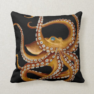 Brown Octopus Blue Eye Black Art Throw Pillow