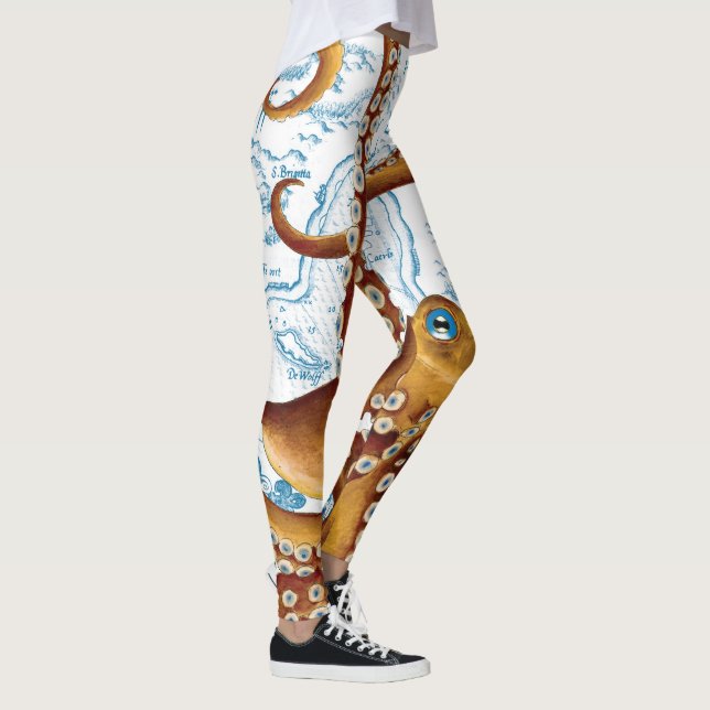 Brown Octopus Blue Vintage Map Leggings (Right)