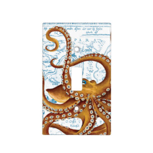Brown Octopus Blue Vintage Map Light Switch Cover