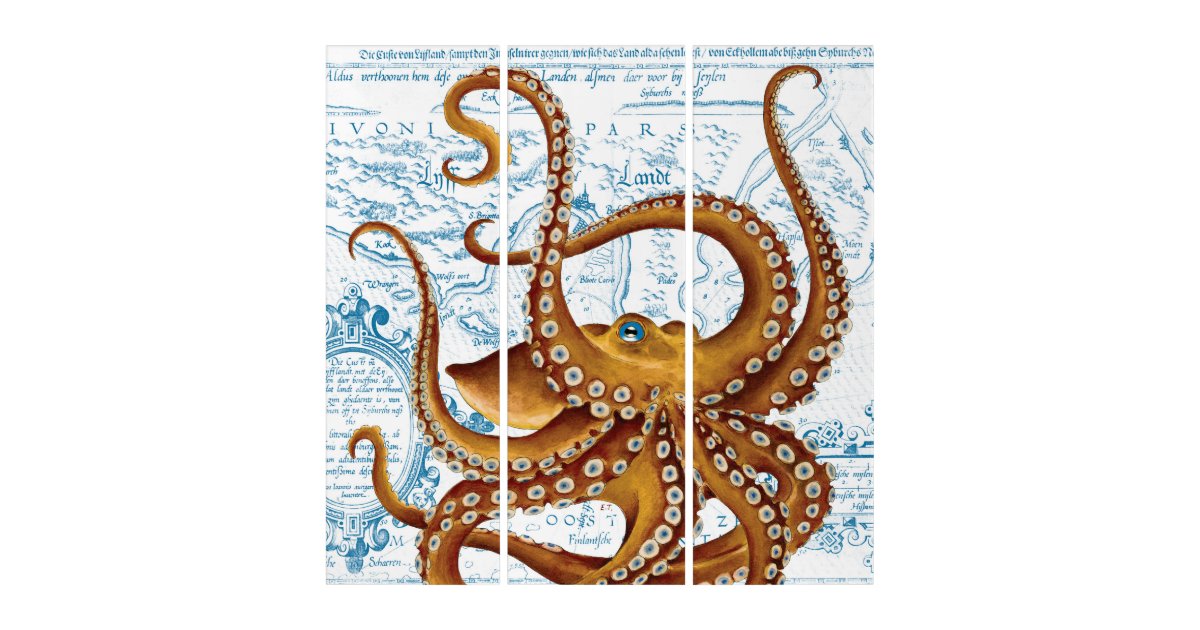 Brown Octopus Blue Vintage Map Triptych Zazzle Com Brown Octopus Blue Vintage Map Triptych Zazzle Com