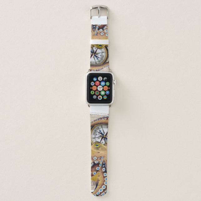 Brown Octopus Vintage Map Compass Apple Watch Band (Front)