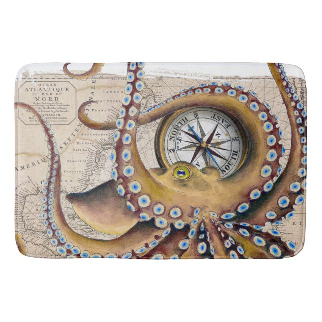 Brown Octopus Vintage Map Compass Bath Mat (Front)