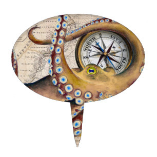 Brown Octopus Vintage Map Compass Cake Topper