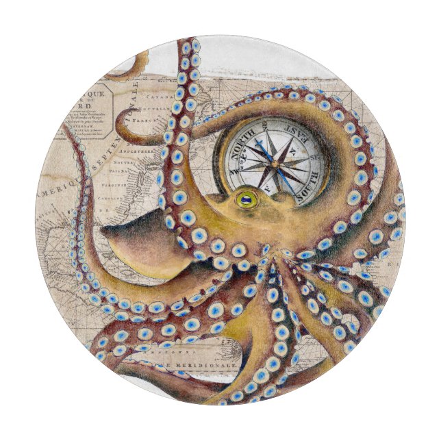 Brown Octopus Vintage Map Compass Cutting Board (Front)