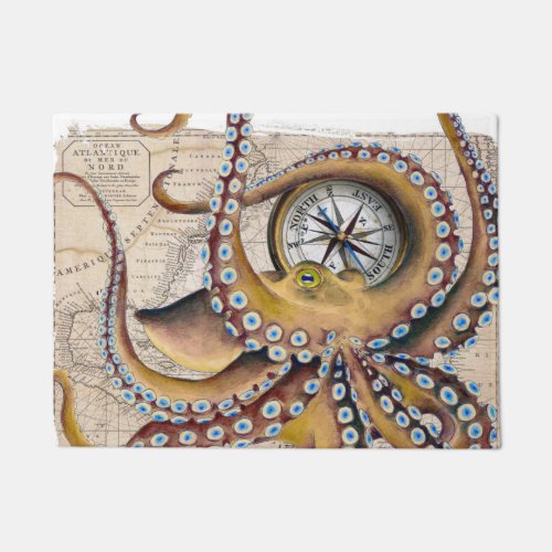 Brown Octopus Vintage Map Compass Doormat