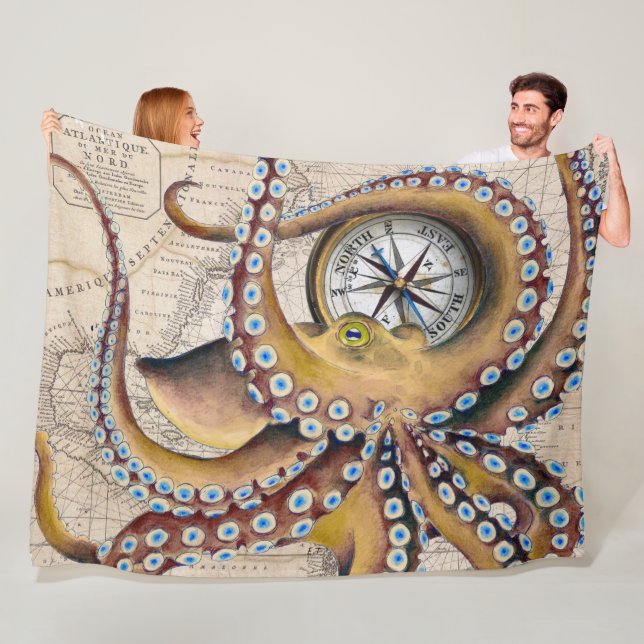 Brown Octopus Vintage Map Compass Fleece Blanket (In Situ)