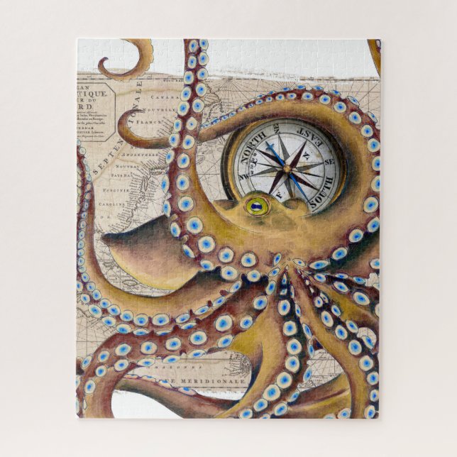 Brown Octopus Vintage Map Compass Jigsaw Puzzle (Vertical)