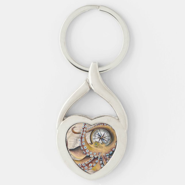 Brown Octopus Vintage Map Compass Keychain (Front)