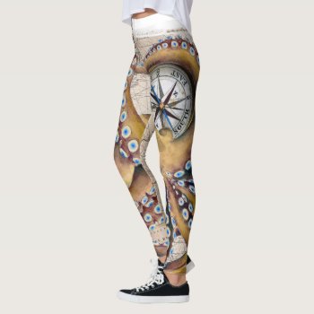 Brown Octopus Vintage Map Compass Leggings by EveyArtStore at Zazzle