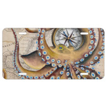 Brown Octopus Vintage Map Compass License Plate