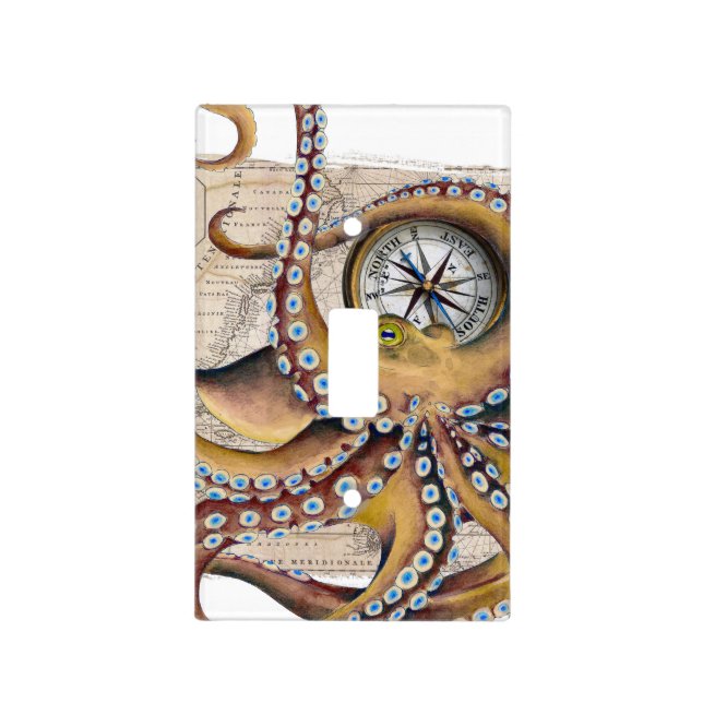 Brown Octopus Vintage Map Compass Light Switch Cover (Front)