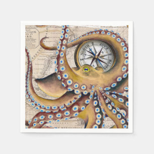 Brown Octopus Vintage Map Compass Napkins